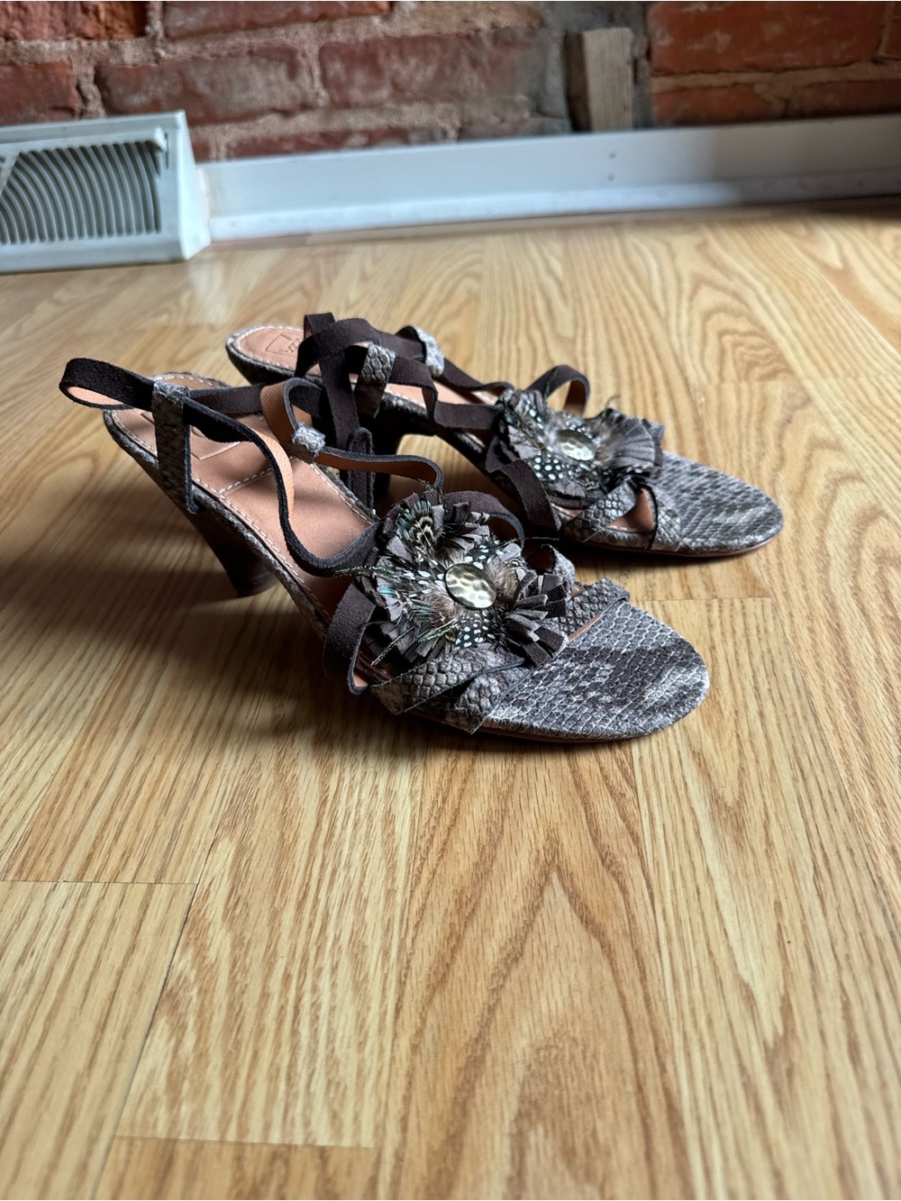 Bacio 61 Brown Feather, Suede, and Snakeskin Embellished Slingback Heels